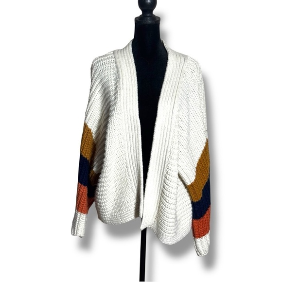 BB Dakota Cream/Navy/Orange Dolman Sleeve Open Front Women's Relaxed Cardigan - Picture 5 of 16